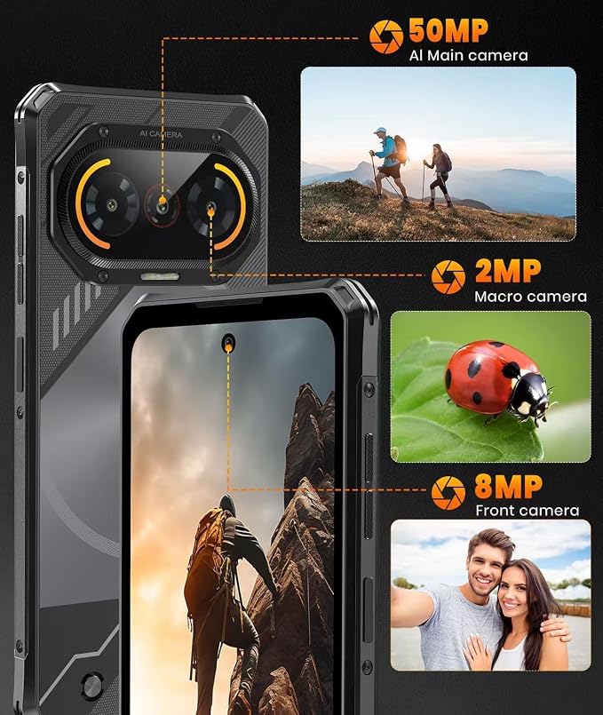 FOSSIBOT F114 28GB+256GB Rugged Phone-120Hz+6.67" Gorilla Glass, Slim 10.8mm Cell Phone Unlocked, Android 15 Waterproof Smartphone, 50MP AI Camera, 5000mAh Dual SIM 4G T-Mobile/NFC/IP68/IP69K(2026)