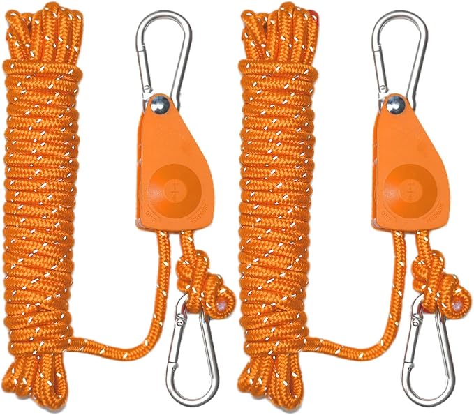 Rope Ratchet 1/4 inch Longer 13ft Paracord Rope Tie Down Ratchet Strap Reflective Portable Adjustable Camping Rope Tent Tarp Tie Downs Plant Light Hangers Pulley Tightener Tensioner 2 Pack