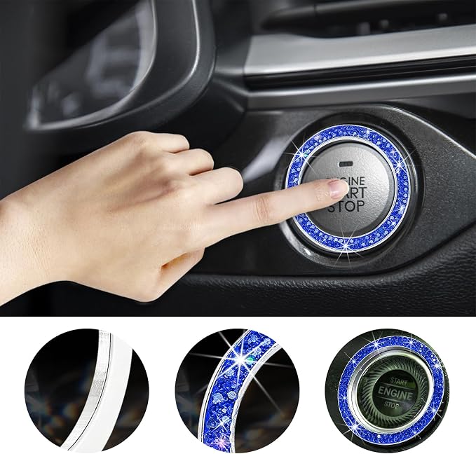 Kewucn Bling Crystal Double Rhinestone Car Engine Start Decoration Ring, Sparkling Push Start Button Sticker, Key Ignition & Knob Ring Decoration, Bling Car Interior Accessory(Dark Blue)