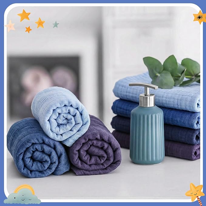 8 Pcs Baby Washcloths for Newborn 12 x 12 Inch Muslin Face Towels Cotton Absorbent for Delicate Skin Soft Muslin Cloth Reusable Baby Registry as Shower Gift, 4 Colors (Dark Blue)
