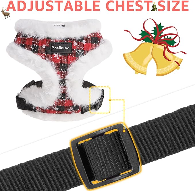 SCENEREAL Dog Christmas Harness Collar and Leash Set, Warm Fleece No Pull Puppy Vest Harnesses No Chock Adjustable Small Pet Halter for Outdoor Walking Training, Black Red Plaid XS