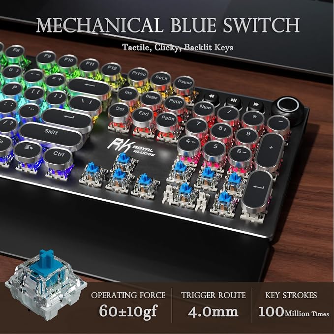 RK ROYAL KLUDGE X108 Typewriter Keyboard with Knob, Wired Mechanical Gaming Keyboard, 108 Keys RGB Backlit Sidelight, Detachable Wrist Rest, Retro Round Keycaps Blue Switches - Shadow Black