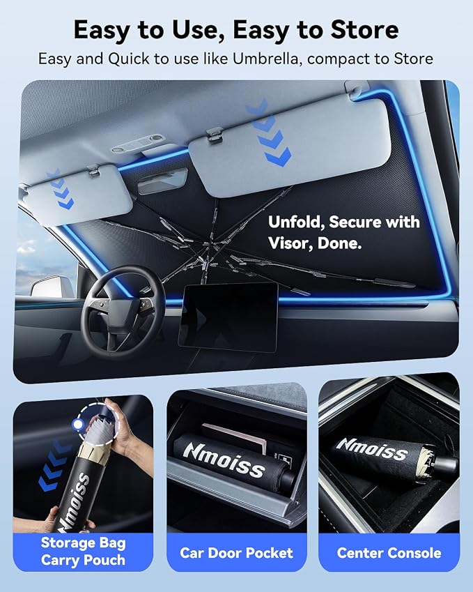 Nmoiss Windshield Sun Shade Umbrella [Vinyl Coating Heat Shield] Keep Cool | Protect Car from Sun Rays & Heat Damage and Protect Interior, Spring Structure Edge Small (53" L x 29" W)