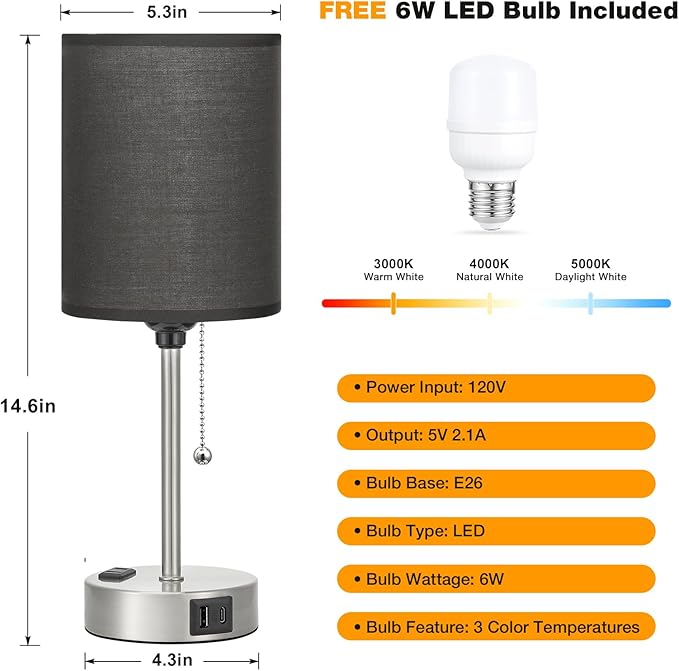 Black Table Lamp for Bedroom Nightstand - 3 Color Temperature Bedside Lamp with USB C and A Ports, Pull Chain Lamp for Bedroom with AC Outlet, Small Lamps Silver Metal Base for Kids Boys/Dorm Room