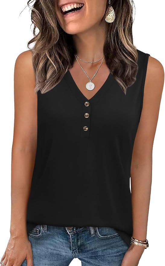 Zeagoo Tank Tops for Women 2026 Summer Top Henley Shirts Dressy Casual Loose Fit V-Neck Button Down Sleeveless Tshirt Blouse