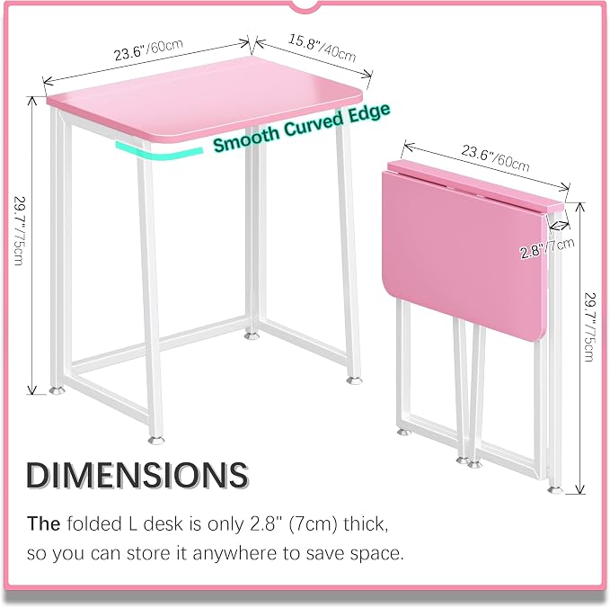 4NM 23.6" Mobile Small Folding Desk, Foldable Rolling Computer Home Office Desk, Study Writing Table for Small Space Saving Bedroom, with Wheels - Pink and White