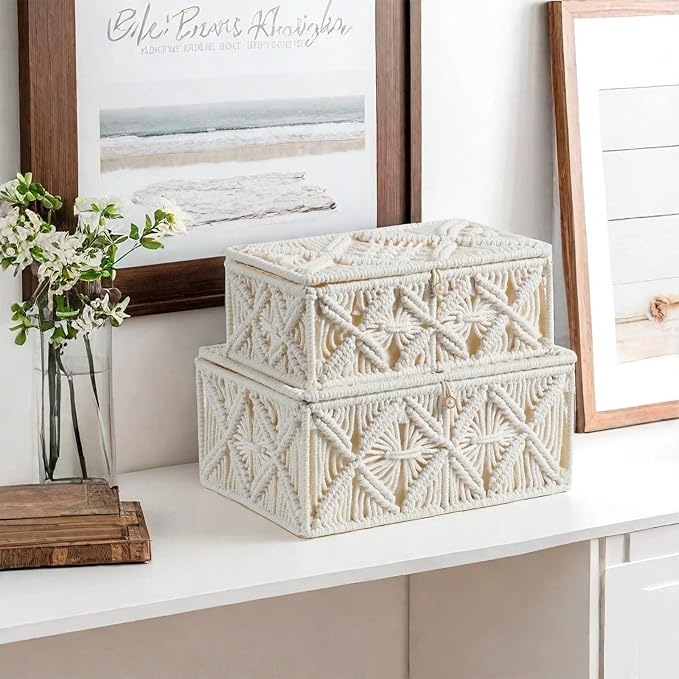 2PCS Decorative Boho Storage Basket with Lid Natural Macrame Box | Handmade Cotton Rope Woven Bins, Shelf Organizer Container for Jewelry Memory Keepsake Photo Makeup, Off White, Small&Large