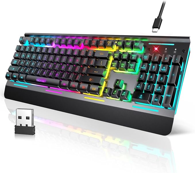 TECKNET Wireless Gaming Keyboard, 4000mAh Rechargeable Keyboard | 2-in-1 (2.4G Wireless & Wired) Connection, 15-Zone RGB Backlit, Whisper Quiet Design, 25 Anti-ghosting Keys, Metal Panel