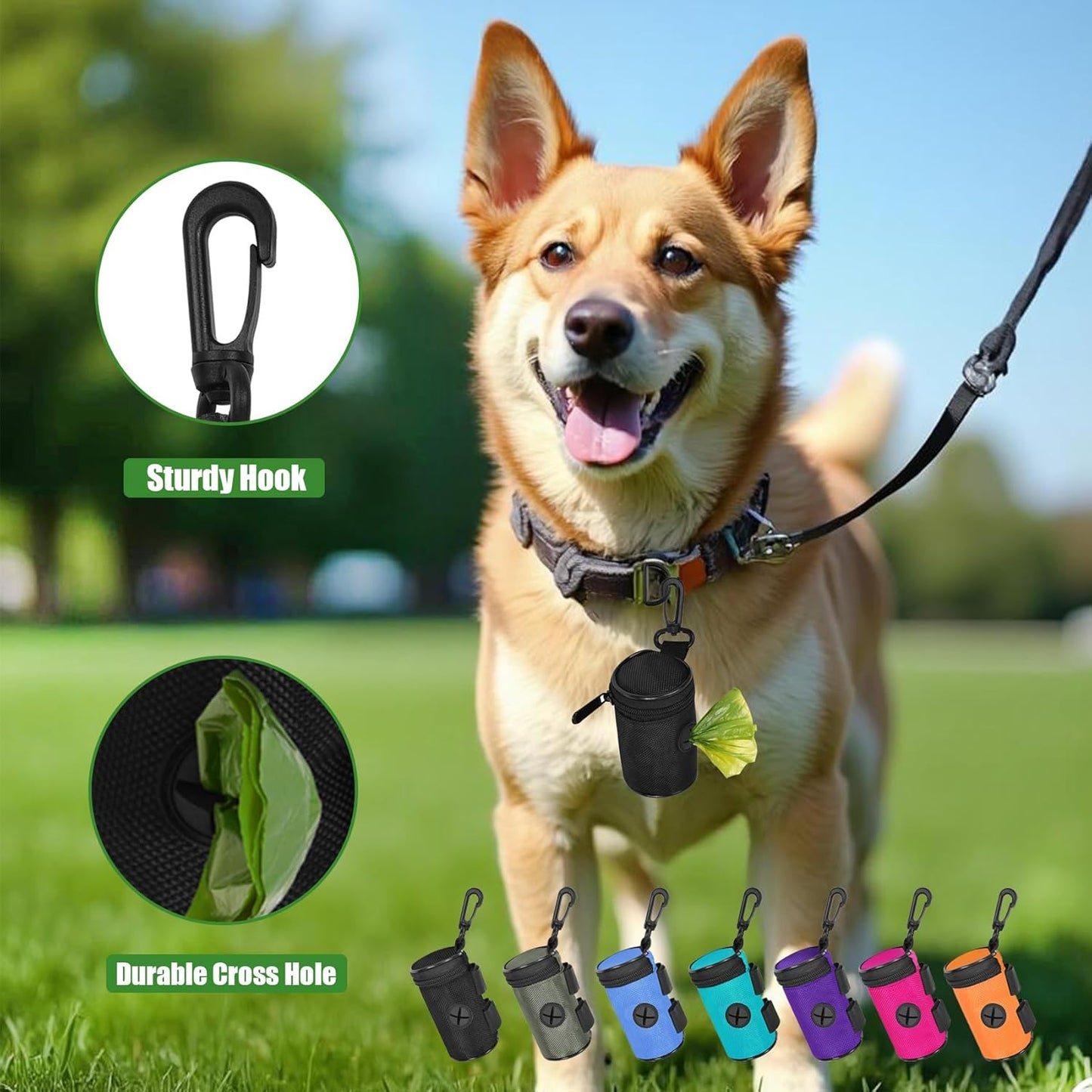 Dog Poop Bag Holder for Leash Attachment - Waste Bag Dispenser for Leash - Fits Any Dog Leash - Portable Set with Hand Free Holder Metal Carrier, Round Shape, Pink