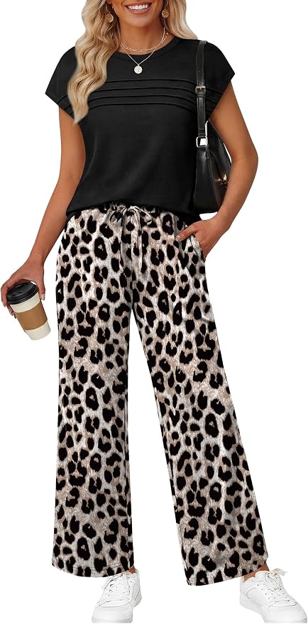 WIHOLL Two Piece Set for Women Summer Spring Outfits Matching Sets Women Clothing Airport Travel Vacation Wide Leg Pants