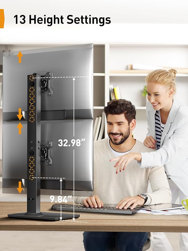 Perlegear Dual Vertical Monitor Stand for 13–40 inch Screens up to 44 lbs | Heavy-duty steel, swivel, tool-free tilt, 360° rotation, 13 height settings, cable management, max VESA 100x100mm, office use
