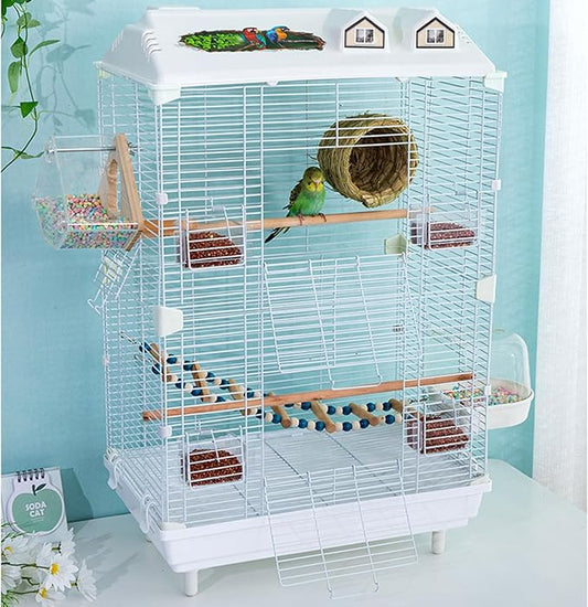30" Roof Top Bird Cage, 2 Tier Medium Metal Parrot Cage with Accessories Include Cross Bar Climbing Ladder Dual Door Parakeet Cage for Various Bird Species (30.3" H)