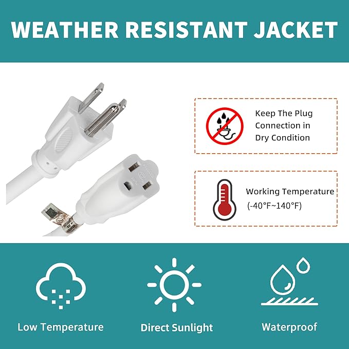 Indoor Outdoor Extension Cord Weatherproof, UL Certified, 16 Gauge 8FT White 3 Prong Heavy Duty, 16/3 SJTW 13A Power Cord for Outdoor Lights, Appliances, Lawn