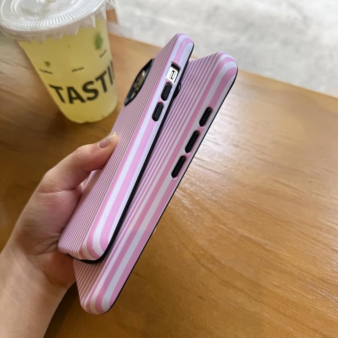 for iPhone 15 Pro Case Striped Cute Aesthetics Phone Case Trendy Protective Shockproof Cover for iPhone 15 Pro Pink White