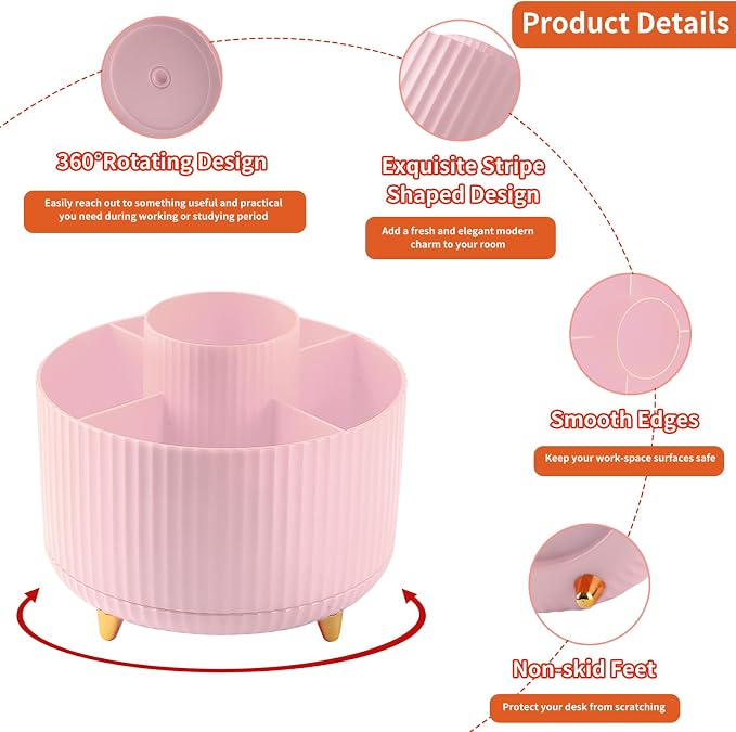 Desk Pencil Pen Holder, 5 Slots 360°Degree Rotating Organizers for Desk, Desktop Storage Stationery Supplies Organizer, Cute Cup Pot Office, School, Home, Art Supply, Pink
