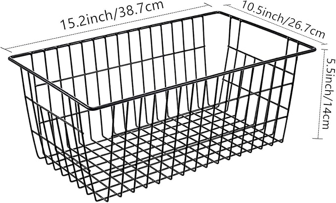 Redrubbit Wire Storage Baskets, Large Farmhouse Metal Freezer Basket Storage Organizer Bins with Handles for Kitchen Cabinets, Pantry, Closets, Bedrooms, Bathrooms, Set of 6, Black