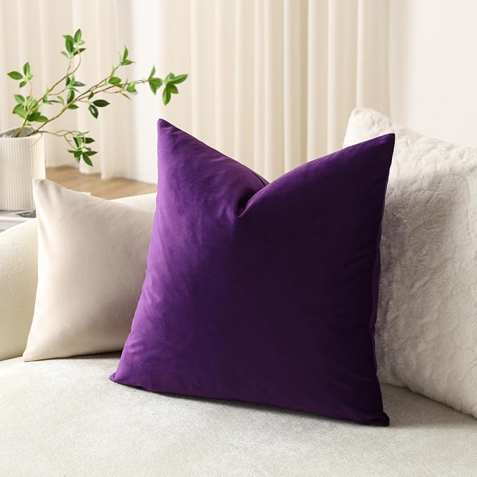Throw Pillow Covers 20x20 Purple: Pack of 2 Cozy Soft Velvet Square Modern Luxury Decorative Throw Pillow Cases for Sofa Couch Living Room Bed Home Decor