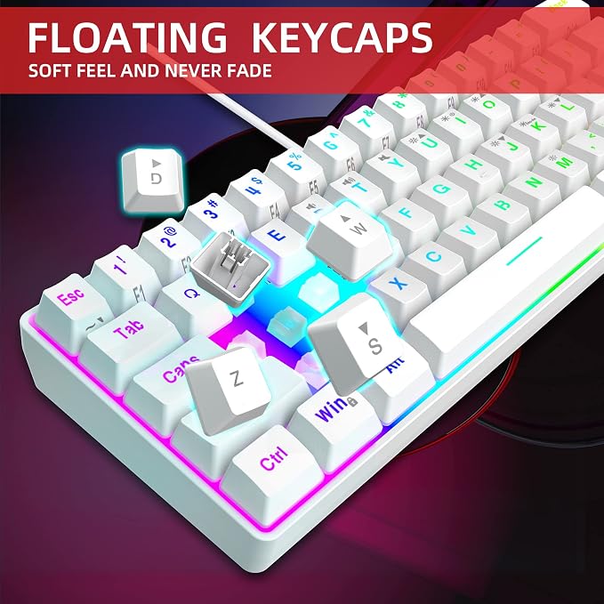 Snpurdiri 60% Wired Gaming Keyboard, 61 Keys RGB Backlit Wrist Rest Ultra-Compact Mini Waterproof Keyboard for PC Computer Gamer (White) | Backlit Ultra-Compact Mini Gaming Keyboard for PC Computer Gamer