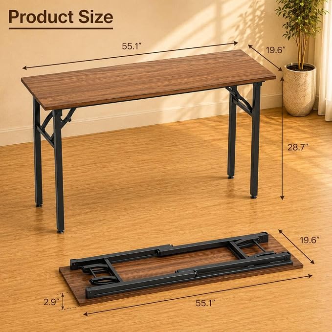 Folding Table Computer Desk - 55.1" No Assembly Folding Desk Design and Foldable Office Desk, Small Desk for Bedroom, Compact Storage Portable Use for Dorm and RV Small Space, Dark Walnut