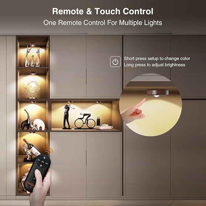 Puck Lights With Remote Control - Rechargeable, Wireless Under Cabinet Lighting, 2000mAh Battery Operated Tap Push Touch Light, Stick On for Counter, Shelf, Bookcase (Wood Color, 3 Pcs)