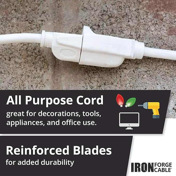 Iron Forge Cable Weatherproof 50 Ft Outdoor Extension Cord - 16/3 SJTW Heavy Duty White Extension Cord 3 Prong - 13 Amp Exterior Power Cable