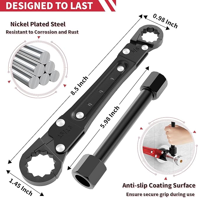 Plumbing Tools Angle Stop Wrench Kit - 3-Piece Plumber Tool Set with Compression Sleeve Puller & 4-Way Sillcock Key - Fits 3/8" & 1/2" MPT Ferrule Removal Tool for Tight Spaces Under Sink-Black