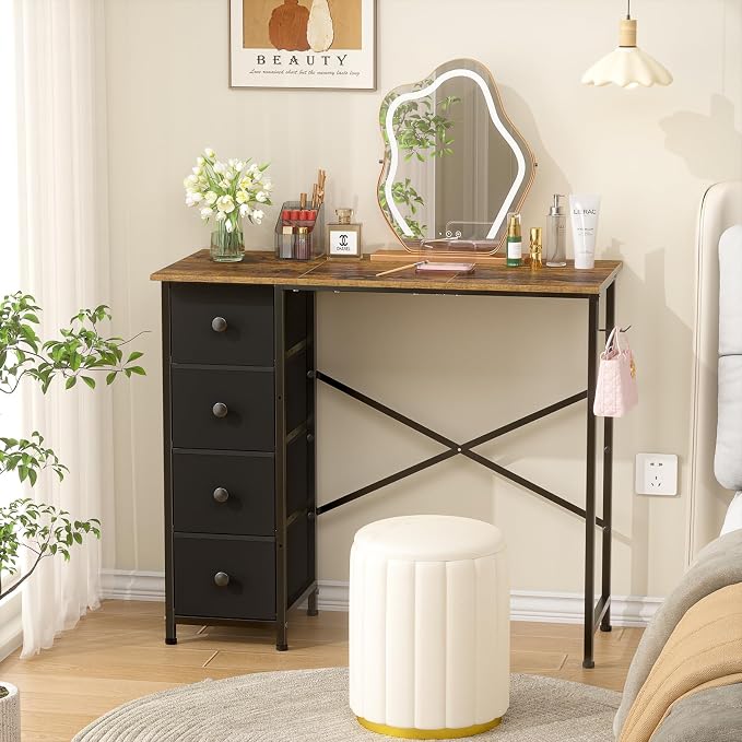 Small Computer Desk with 4 Fabric Drawers, 36 Inch Reversible Writing Desk for Home Office Bedroom, Modern Simple Kids Student Study Desk with Storage, Compact Desk for Small Spaces, Rustic Brown