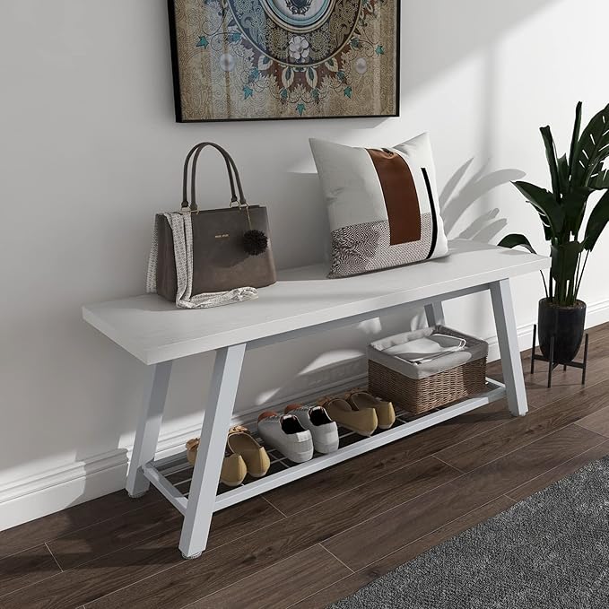Industrial Entryway Bench Rustic Wood and Metal Storage Bench for Indoor Living Dining Room Bedroom Long Shoe Benches Seat (White)