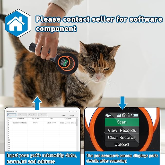 Pet Microchip Scanner, Portable Chip Reader 1.44 Inch TFT Screen Animal Microchip Scanner Support EMID FDX B Tag 240 Tag Data Storage 2.4GHz Wireless BT USB Connection