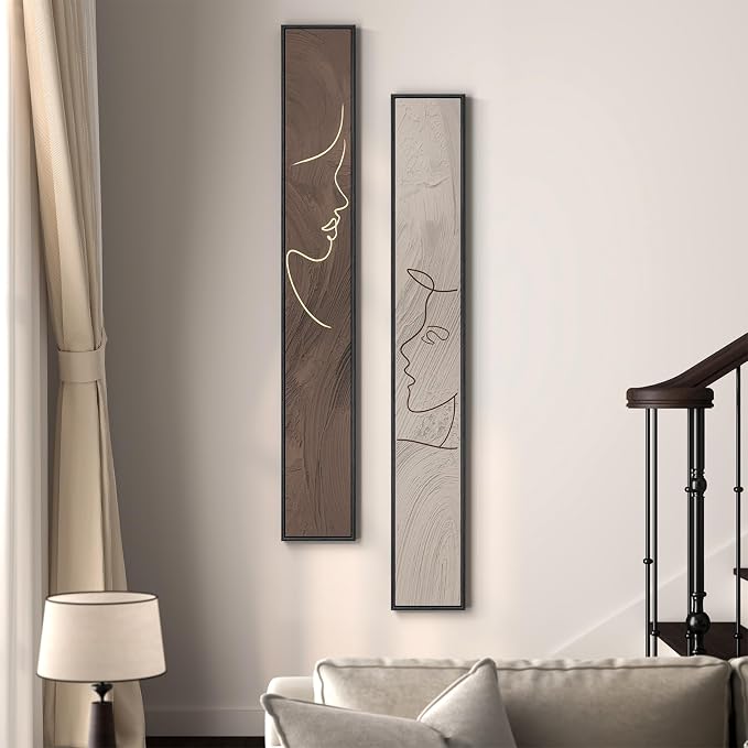 Large Framed Neutral Abstract Vertical Wall Art Set of 2, Modern Brown and Beige Canvas Prints Paintings for Walls, Minimalist Long Narrow Pictures for Living Room Bedroom Hallway Entryway Wall Decor