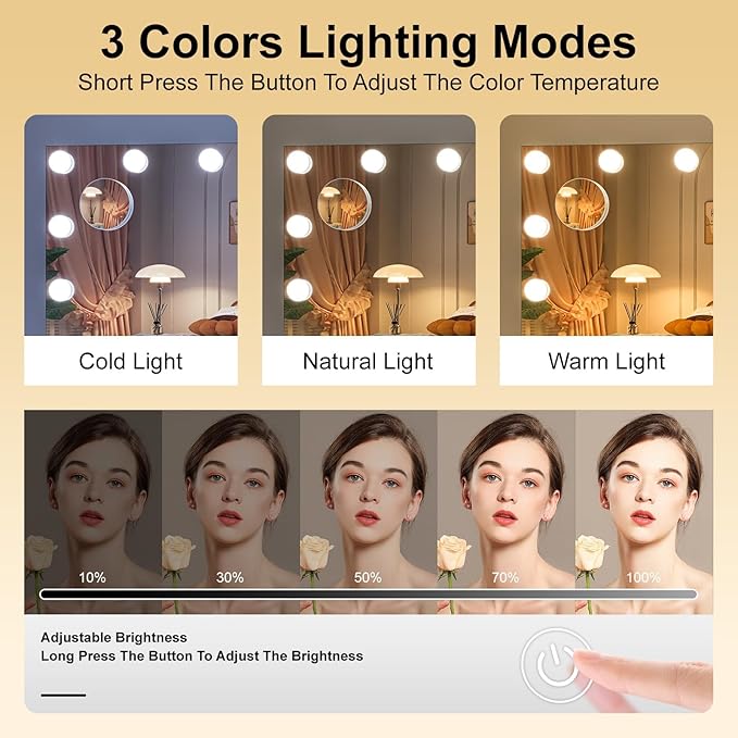 Hasipu Hollywood Vanity Mirror with Lights and Bluetooth Speaker, 47" x 35" Makeup Mirror with 24 Dimmable LED Bulbs 3 Color Modes, 5X Magnifying Glass, Touch Control, USB and Type-C, Tempered Glass