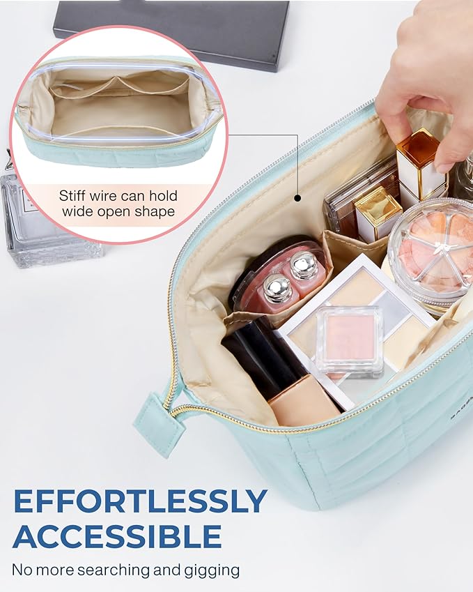 BAGSMART Makeup Bag Travel Toiletry Bag, Wide-open Zipper Pouch, Mint Green | Puffy Padded, Travel Essentials, Make Up Bag, For Women, Makeup Organizer, Toiletries Accessories Brushes