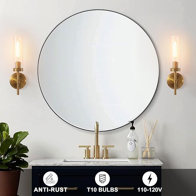 Wall Sconces Set of Two,Brass Gold Bathroom Sconces Wall Lighting with Clear Glass, Modern Sconces Wall Decor Set of 2 Wall Light fixtures for Bathroom Mirror Living Room Hallway Bedroom Wall Lamp