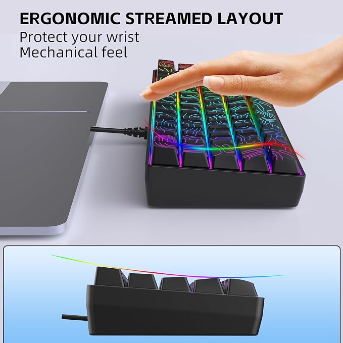 Snpurdiri 60% Wired Gaming Keyboard 61 Keys RGB (Contour Line-Black) | Backlit Small Gaming Keyboard Ultra-Compact for PC/Mac Gamer, Typist, Travel, Easy to Carry on Business Trip
