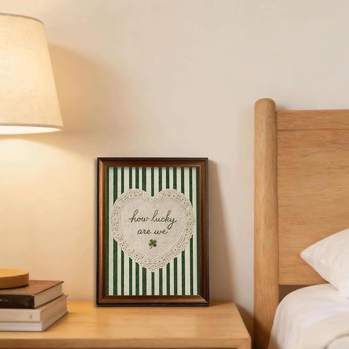 Framed How Lucky Are We Wall Art Vintage Inspirational Quotes Decor Print | Green Striped Lace Heart Aesthetic Painting Poster Trendy Preppy Canvas Picture for Bedroom Collage Ready to Hang 8x10in