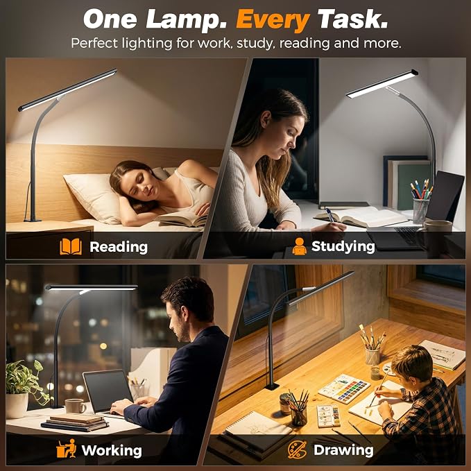 Airlonv LED Desk Lamp for Office Home, Eye-Caring Desk Light with Stepless Dimming Adjustable Flexible Gooseneck, 10W USB Adapter Desk Lamp with Clamp for Reading, Study, Workbench (Black)