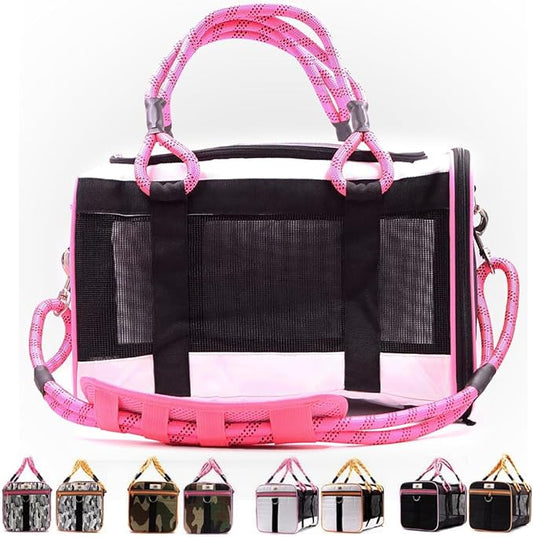 Buddy's Best Airline Approved Pet Carrier – White & Pink Heavy Duty, Fits Under Seat, TSA Compliant, Ventilated Mesh Design w/Waterproof Base & Reflective Safety Strips