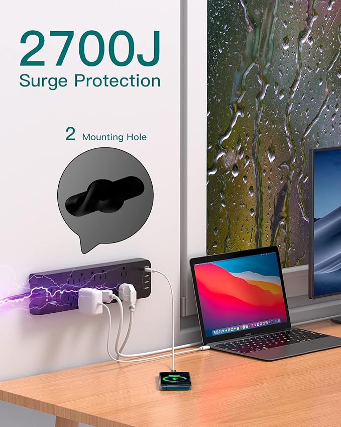 Addtam 15FT Long Power Strip, Surge Protector with 10 Outlets and 4 USB Ports, Extension Cord with Flat Plug, 2700 Joules, ETL Listed, Black