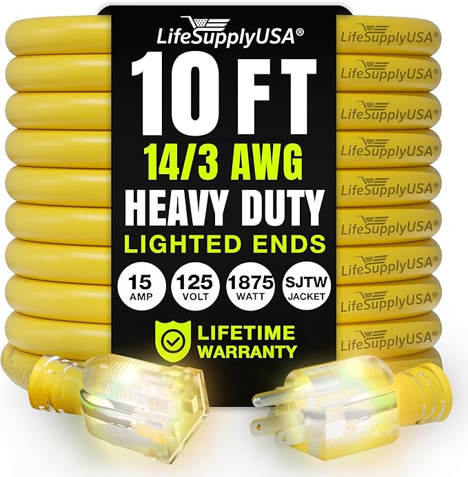 10ft Outdoor/Indoor Extension Cord 14/3 Gauge Heavy Duty 3 Prong SJTW, Waterproof, Flexible Cold-Resistant Long Power Cord,15A 125V 1875W, Yellow by LifeSupplyUSA