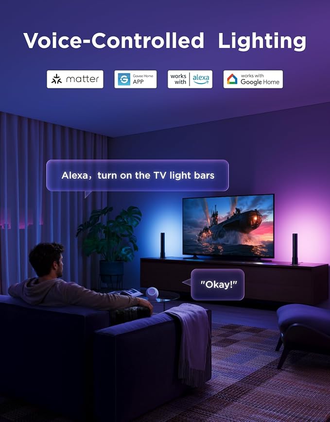 Govee Smart Light Bar, RGBICWW TV Lights for Living Room, Gaming, Black | Compatible with SmartThings, Matter, Alexa, LED Light Bar with Scene and Music Modes for Living Room, Gaming, PC, App Control