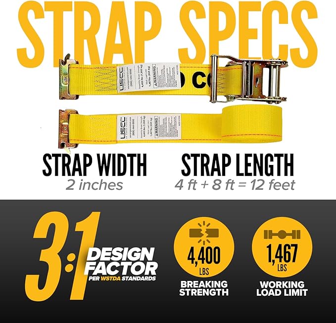 US Cargo Control E Track Straps 2" x 12' (20-Pack), 4,400 LBS Break Strength, Yellow Heavy Duty E Track Ratchet Straps with 4' Fixed End and Spring E-Fittings, Logistic Tiedowns for Box Trucks, Vans