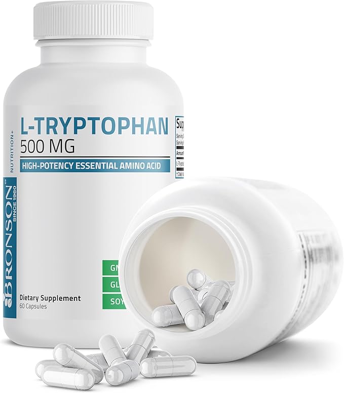 Bronson L-Tryptophan 500 MG High Potency Essential Amino Acid Supports Relaxation & Positive Mood Support Non-GMO, 60 Capsules