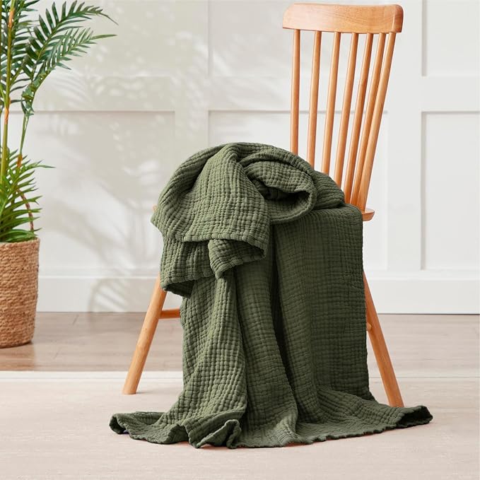 100% Cotton Muslin Blanket California King 120" x 90", 6 Layers Breathable and Lightweight Oversized Blankets for Bed, Soft Cooling Gauze Blanket for Adults All Season, Olive Green