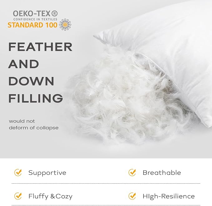 SAVORI Set of 2 Down and Feather Throw Pillow Inserts 28x28 Soft Fluffy Pillow Inserts with 100% Down-Proof Cotton Cover, Decorative Square Cushion Inner for Sofa Couch Bed-White