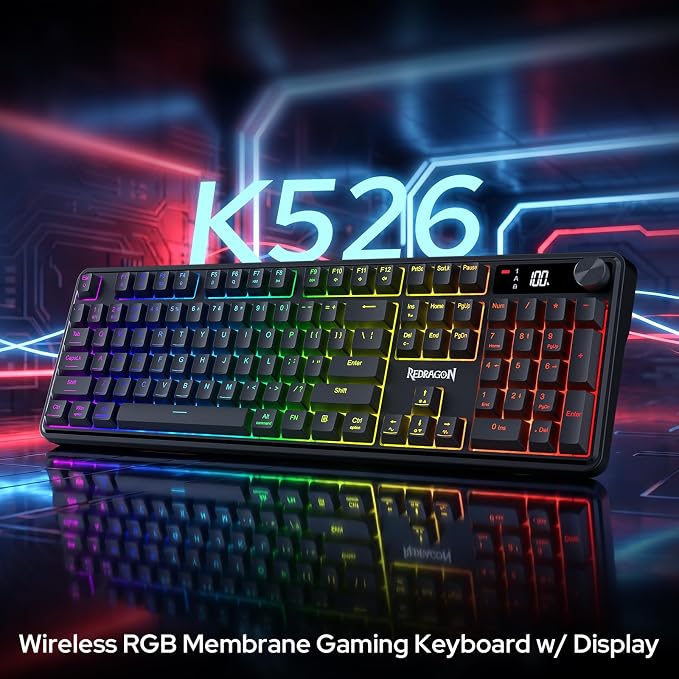 Redragon K526 PRO Wireless RGB Membrane Gaming Keyboard, LED Screen & Knob | See Battery, Mode & Time at a Glance, 0-Delay Tri-Mode, One-Touch Backlit & Media Adjust, 26-Key Anti-Ghost for Combo-Strike