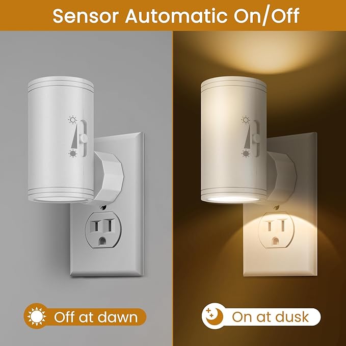 LED Plug-in Wall Night Light with Dimmable 0-300 Lumens, 3000K Soft White, Auto On/Off Light Sensor & Adjustable Head for Hallway, Stairs, Bedroom,2 Pack