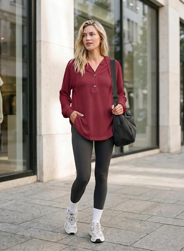 Dokotoo Hoodies for Women Waffle Knit Long Sleeve Drawstring Button V Neck Casual Sweatshirt Hooded Tops Fashion Clothing