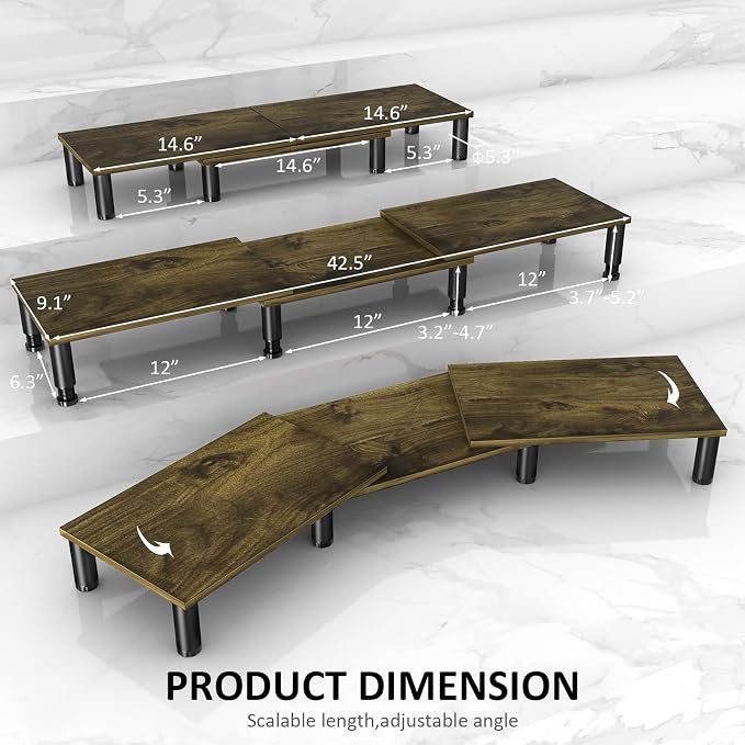 AX WABER Dual Monitor Stand Riser, Monitor Stand with Adjustable Length and Angle, Wood Monitor Stand for Desk, Monitor Riser for 2 Monitors with Storage Space