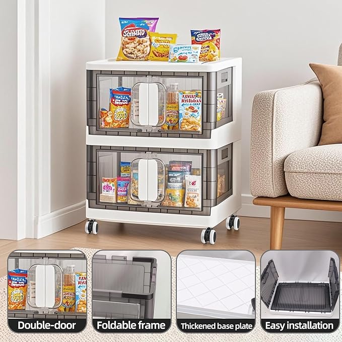 Folding Storage Organizer with Silent casters | Stackable Design for Home & Office, Heavy-Duty Plastic Storage Bin with Clear Door, 3 Sizes (19.5/23.5/27.5in),Black/White (27.6" 4 layer, White)