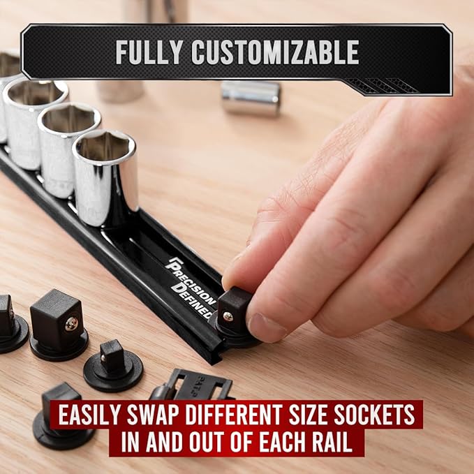 Precision Defined Aluminum Tool Socket Holder 3-Piece Set | Black, 1/4-Inch x 16 Clips, 3/8-Inch x 16 Clips, 1/2-Inch x 14 Clips | 360 Rotation - Heavy Duty Socket Rails Organizer, Socket Storage